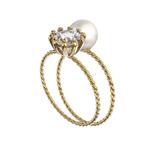 Pearl & Shine Ring Set 925er Sterling Silber 18 Karat vergoldet Süßwasserperle und weißer Saphir ATELIER VI VA